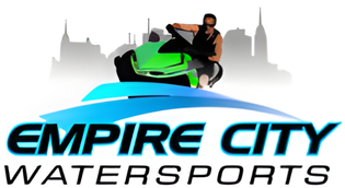 Man on jet ski with city skyline, text: Empire City Watersports.