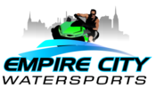 Logo: person on green jet ski, city skyline, text 'Empire City Watersports'.