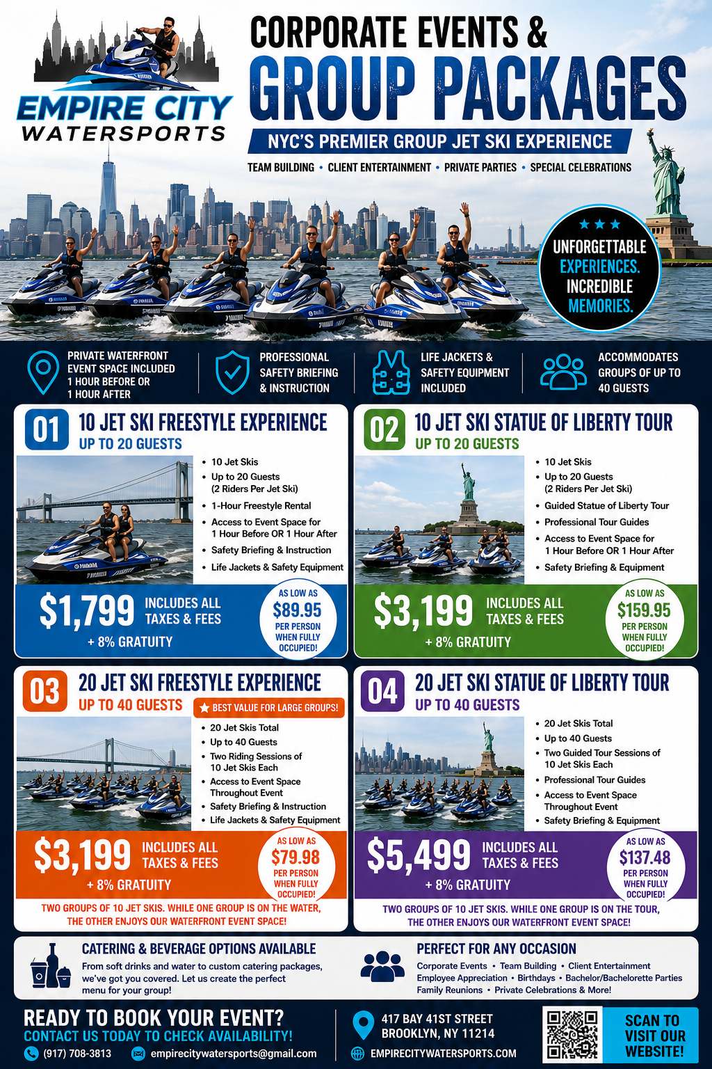Flyer for Empire City Watersports Group Jet Ski packages with prices, activities, and contact details.